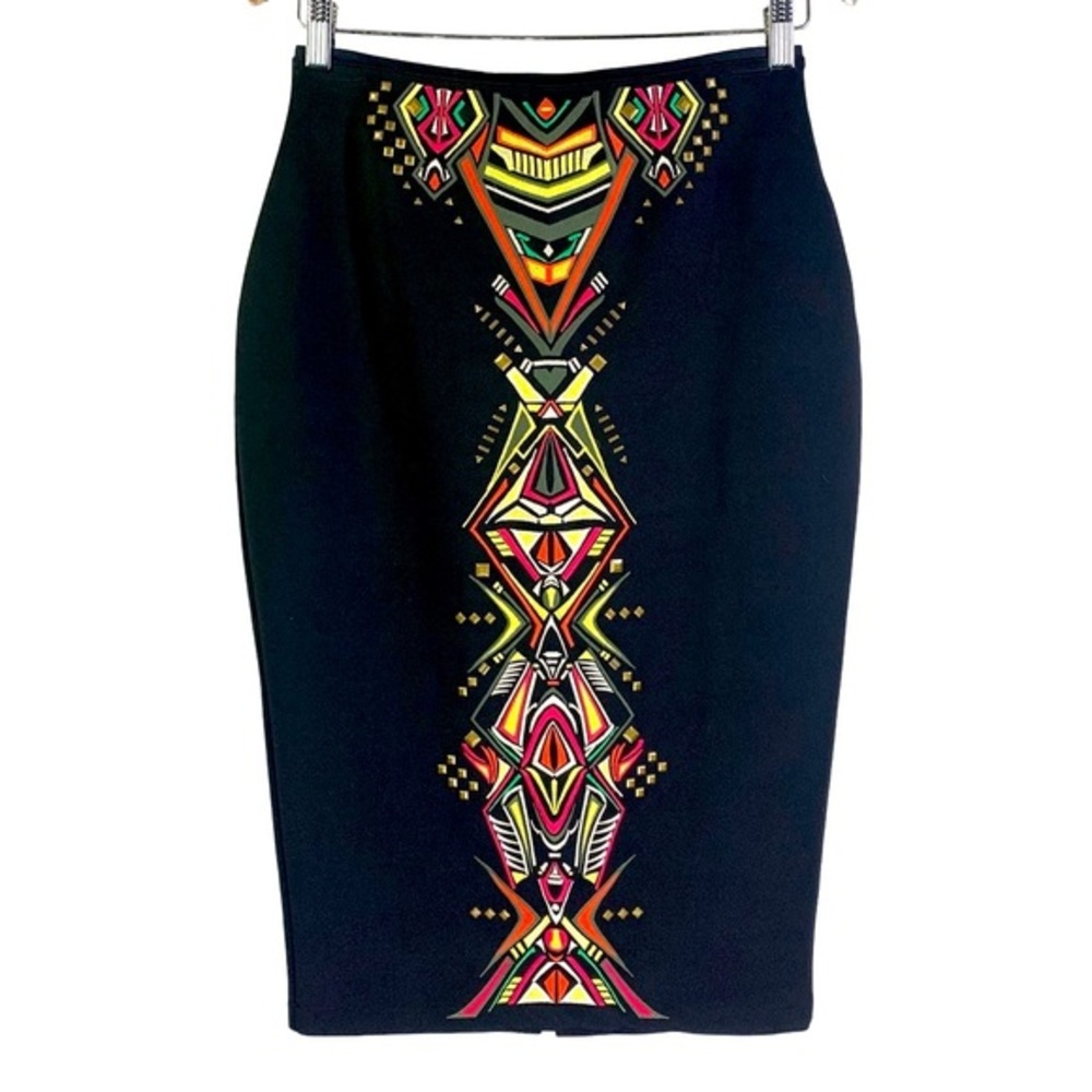 BISOU BISOU‎ Black Beaded Geometric Print Pencil Skirt